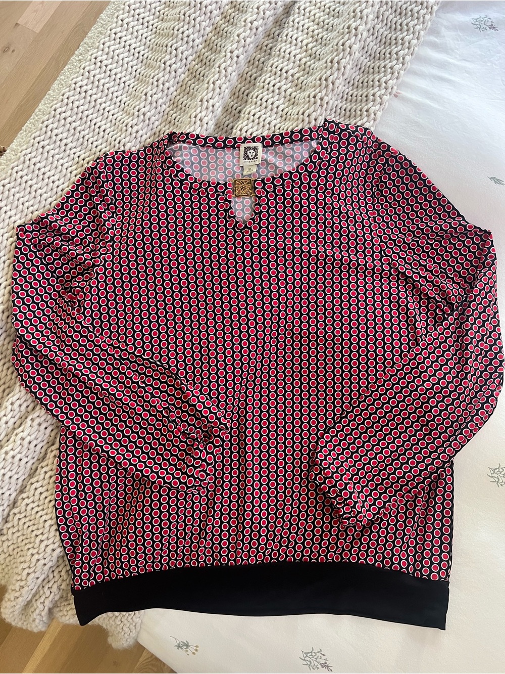 Anne Klein Red and Black Polka Dot Blouse with Gold Accent